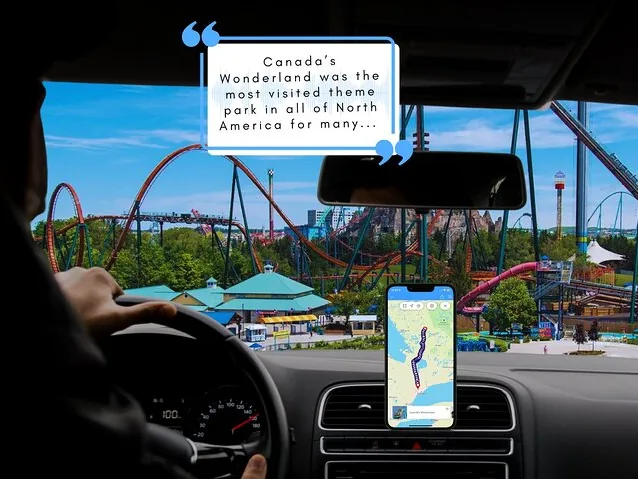 Vista dall'interno di un'auto in viaggio verso il parco divertimenti Canada's Wonderland