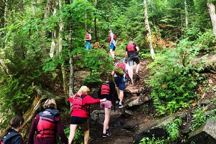 Personnes portant des gilets de sauvetage gravissant un sentier escarpé et rocheux en forêt.